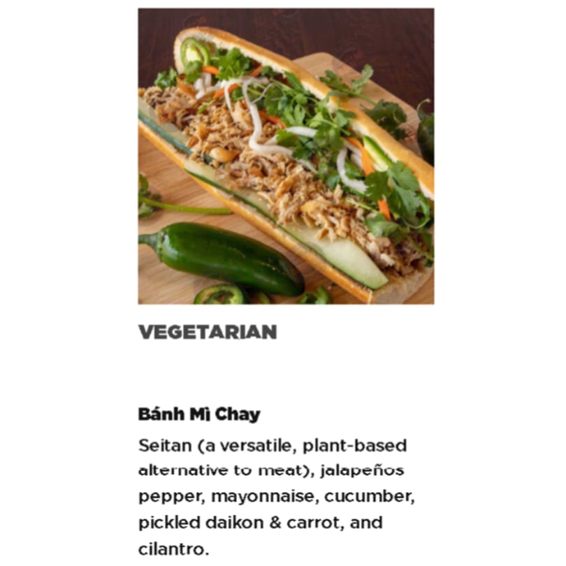 Vegetarian Banh Mi Chay sandwich with seitan, jalapeños, cucumber, pickled daikon, carrot, and cilantro.