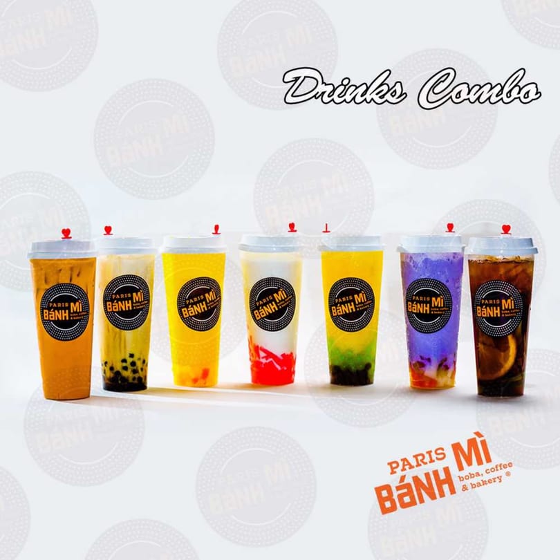 A vibrant lineup of six Paris Banh Mi bubble tea drinks in various colors and flavors.