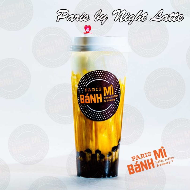 Paris by Night Latte, a brown sugar boba drink with creamy white topping, from Paris Banh Mi.