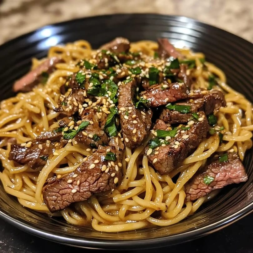 Vietnamese stir-fried noodles with sliced beef, garnished with sesame seeds and fresh herbs in a black bowl.