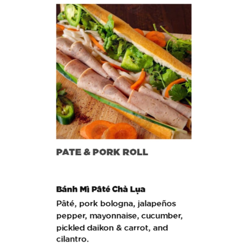 A Vietnamese Banh Mi sandwich with pâté, pork bologna, jalapeños, and pickled vegetables.